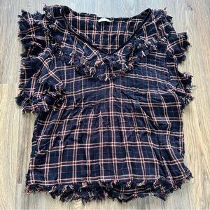 Faherty Yosepha Harper Black Plaid Blouse Short Sleeve Fringe Peasant‎ Small Top